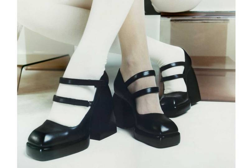 Julia Toledano cites the Seventies as one of her inspirations for her debut collection of shoes for Autumn/Winter 2019, as referenced in these glossy leather Mary Janes. Credit: NODALETO