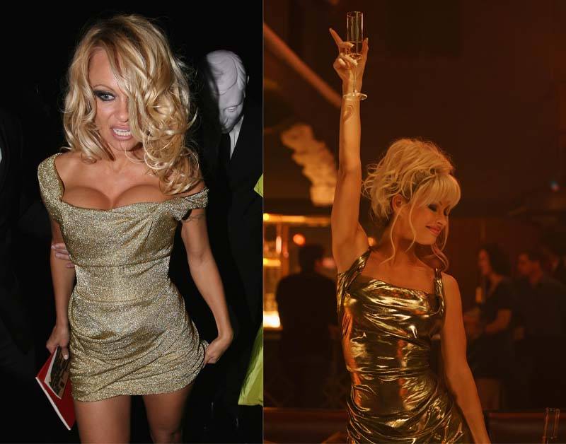 Pamela Anderson na londyńskim tygodniu mody, 2008 (Getty Images), Lily James w „Pam & Tommy (Fot. Hulu)