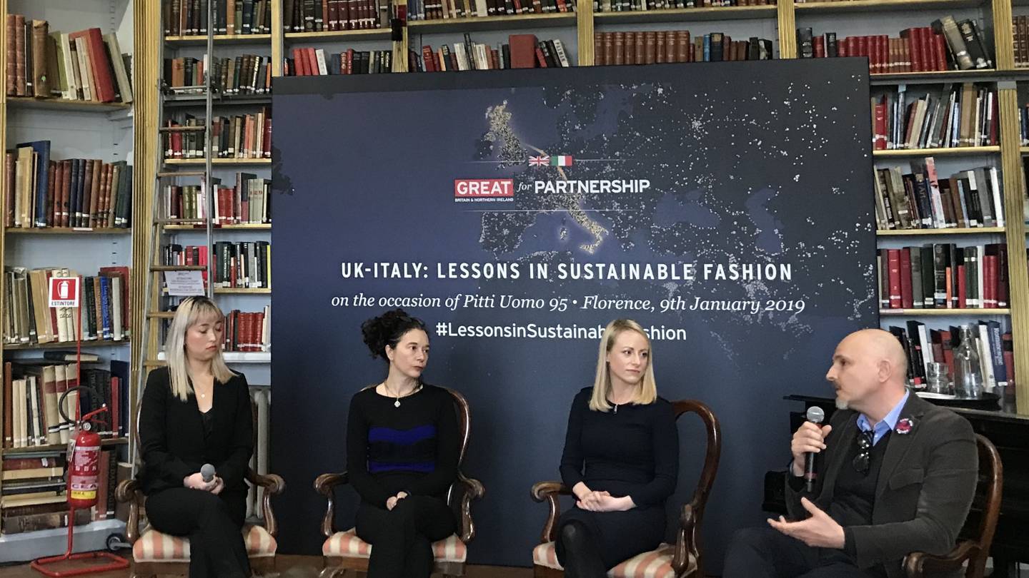 UK – Italy: Lessons in Sustainable Fashion round table took place during Pitti Immagine at The British Institute, Florence. Participants are (from left) Debra Guo, Environmental Sustainability Manager, Stella McCartney; moderator Orsola de Castro of Fashion Revolution; Jocelyn Wilkinson, Responsibility Programme Director, Burberry; and Giorgio Ravasio, Country Manager for Italy, Vivienne Westwood