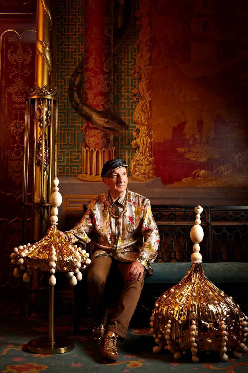Stephen Jones in the Music Room of the Royal Pavilion, Brighton with hats made for the statue of George IV in Trafalgar Square (and his horse) for the London Olympics in 2012. Credit:
© TESSA HALLMANN / ROYAL PAVILION & MUSEUMS, BRIGHTON & HOVE