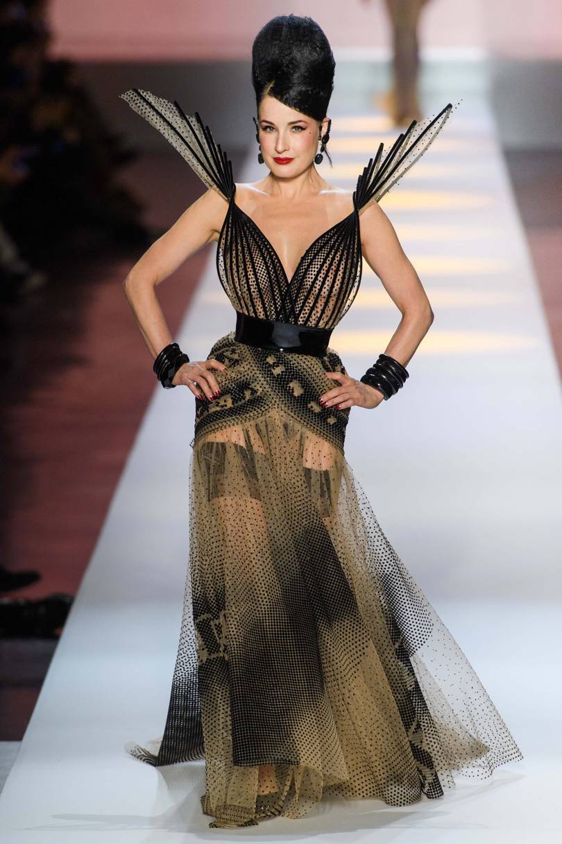 Burlesque performer Dita Von Teese on the catwalk for Jean Paul Gaultier. Credit: FILIPPO FIOR / GORUNWAY.COM
