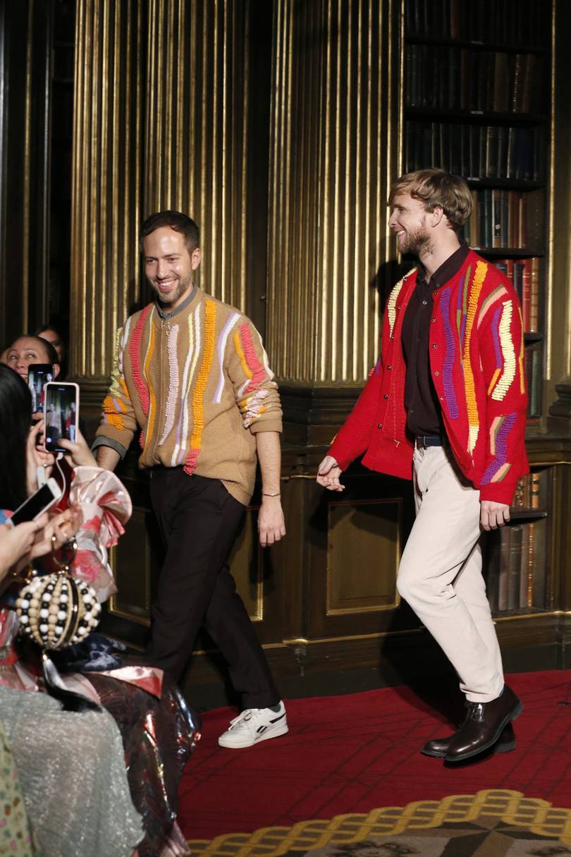 Design duo Peter Pilotto and Christopher de Vos take a bow after their AW19 show. Cerdit: GETTY IMAGES