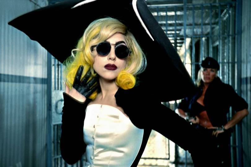 Lady Gaga wearing an ensemble from Thierry Muglers Anniversaire des 20 ans collection, Prêt-à-Porter, Autumn/Winter 1995–1996, in the video for the song “Telephone” (from The Fame Monster album), 2010, directed by Jonas Åkerlund. Credit: COURTESY OF HAUS OF GAGA