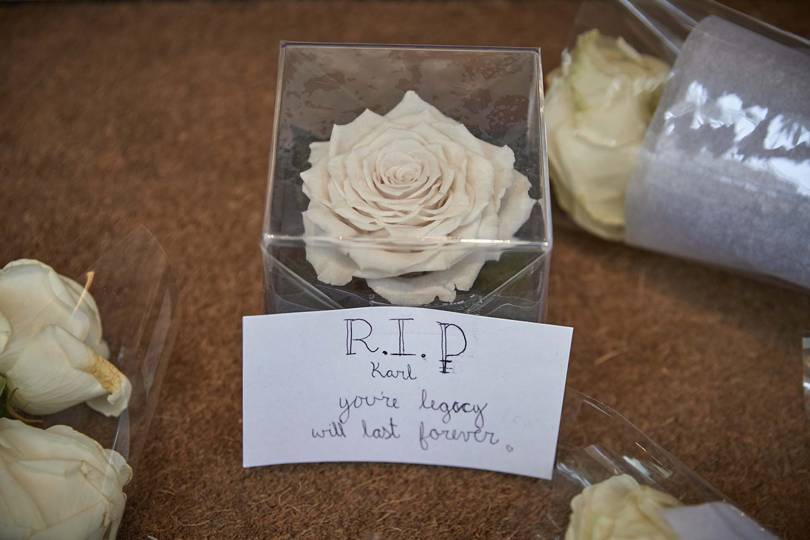 A floral tribute to Karl Lagerfeld outside the headquarters of Chanel in Paris, February 2019. Credit: GETTY IMAGES