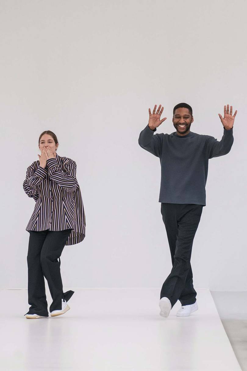 Lisi Herrebrugh (left) and Rushemy Botter, the creative duo heading Nina Ricci, at the finale of their Autumn/Winter 2019 show. Credit: GORUNWAY