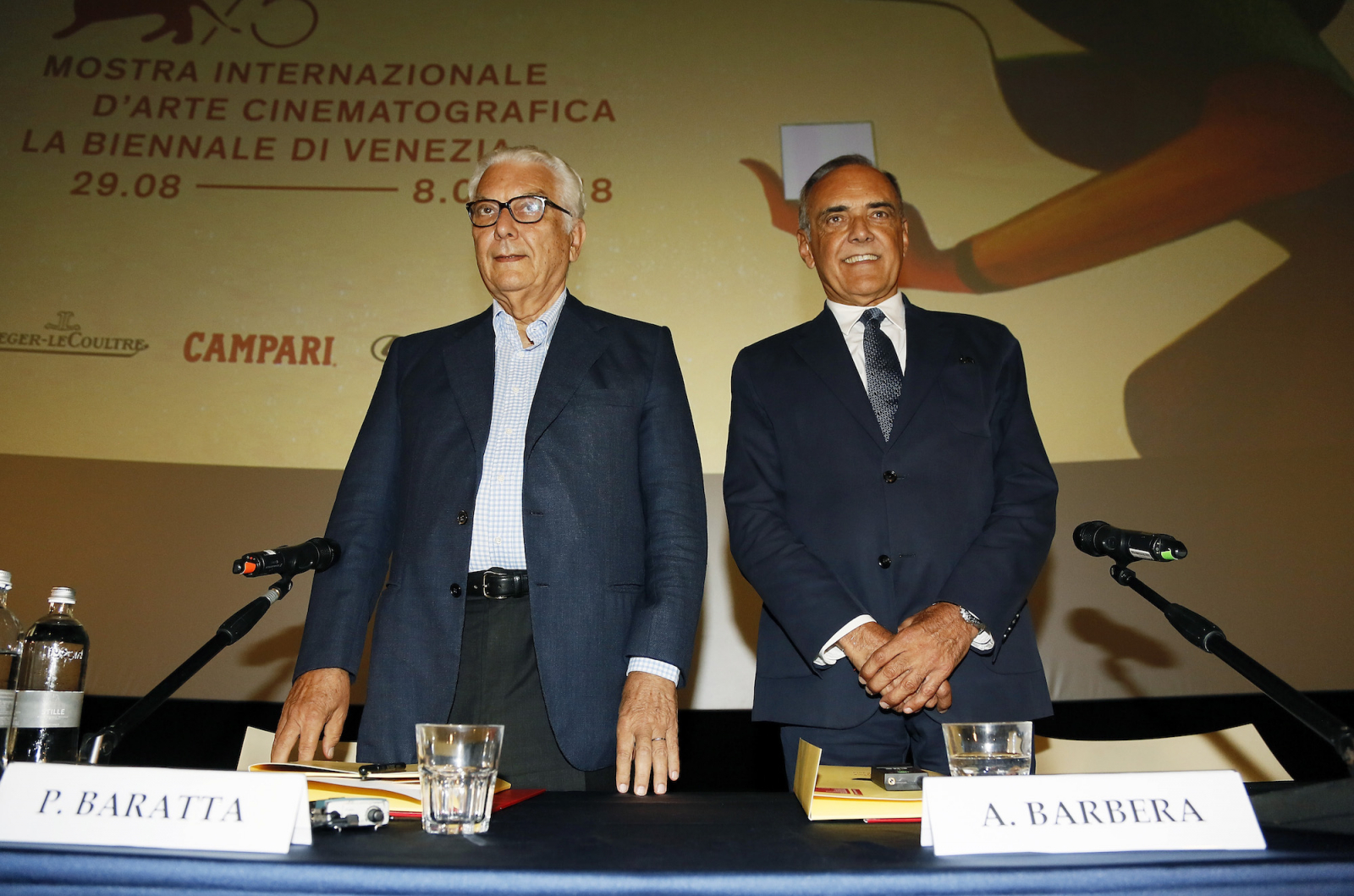 Paolo Baratta i Alberto Barbera na konferencji 75. Festiwalu w Wenecji ( Fot. Getty Images)