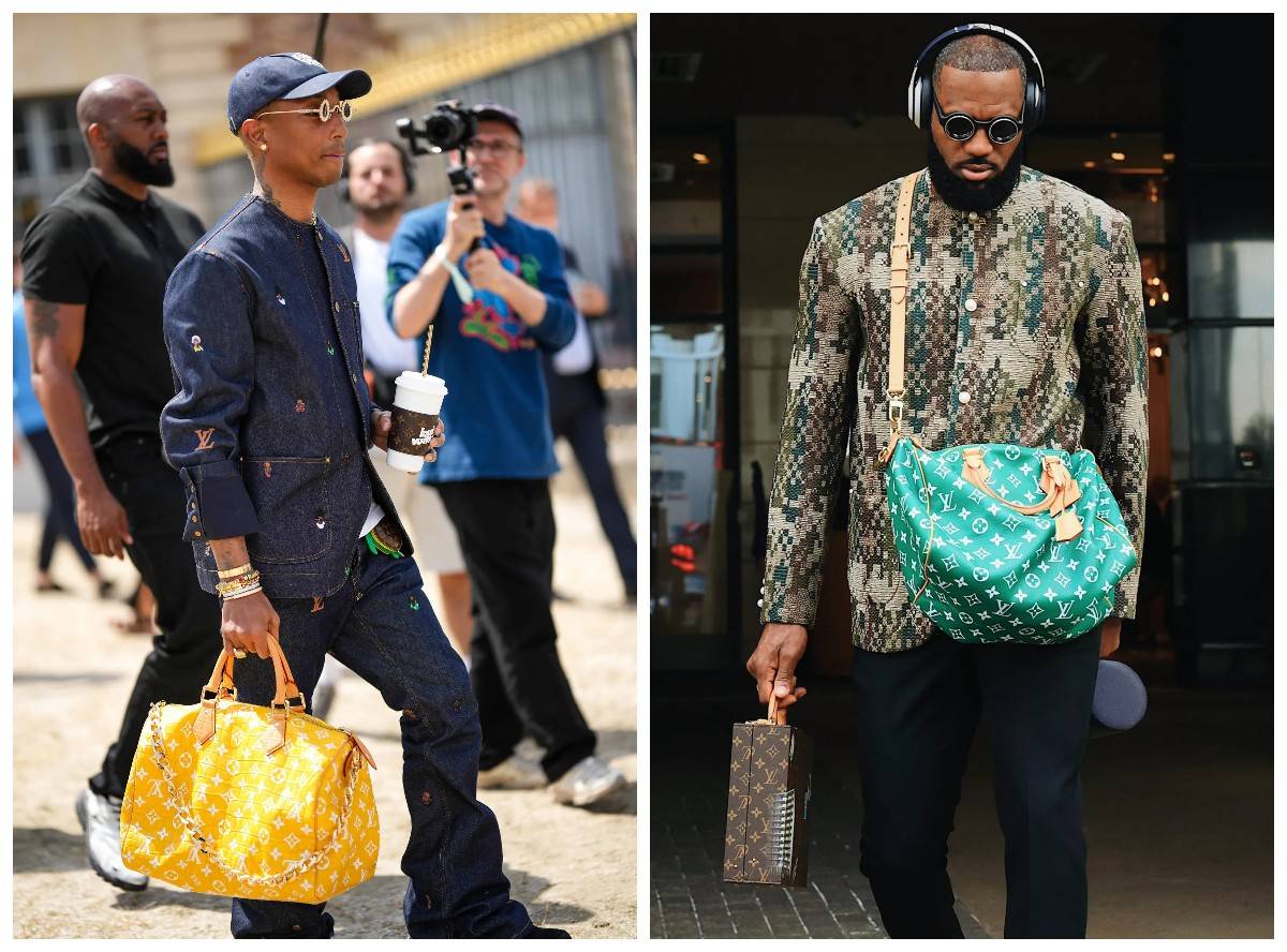 Pharrell Williams z torbą własnego projektu w Paryżu. / LeBron James zestawił swoją Speedy z miniwalizką z monogramem i rozpikselowaną marynarką Damier z debiutanckiej kolekcji Williamsa. (Fot. Getty Images)
