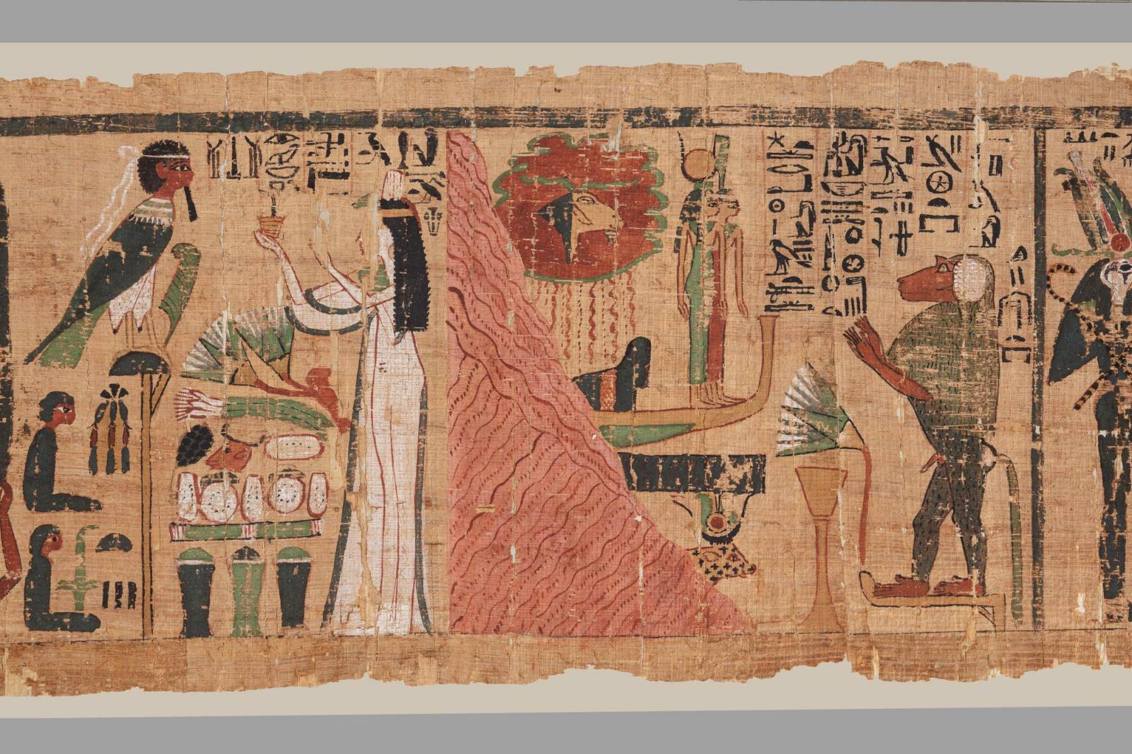 Papirus mitologiczny śpiewaczki Amona Ta-hem-en-Mut, ukazujący zmarłą adorującą boga Re-Harachte i bóstwa zaświatów, Egipt, XXI dynastia (ok. 1069–945 p.n.e.), papirus (Fot. Piotr Ligier / Muzeum Narodowe w Warszawie)
