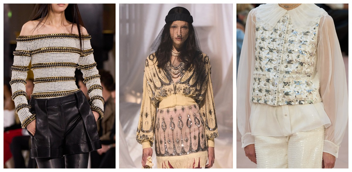 Bogato zdobione bluzki Balmain, Valentino, Chanel (Fot. Spotlight. Launchmetrics )