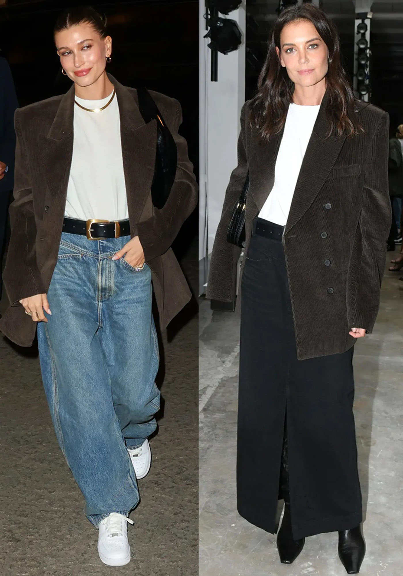 Hailey Bieber i Katie Holmes w marynarkach Khaite (Fot. Pierre Suu / Getty Images)