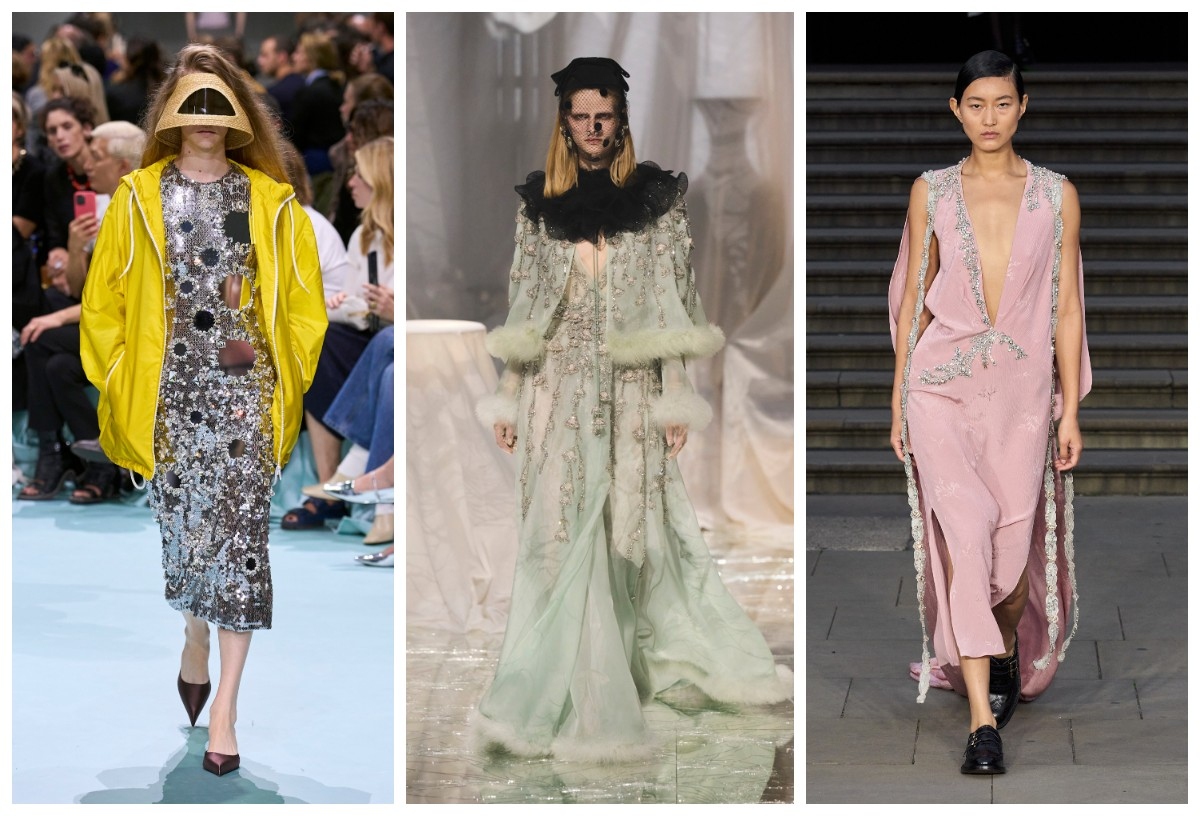 Efektowne sukienki z kolekcji Prada, Valentino i Erdem wiosna-lato 2025 (Fot. Spotlight. Launchmetrics )