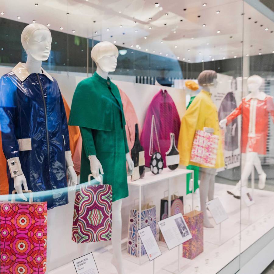 An installation of Mary Quant Alligator rainwear at the current V&A retrospective of her work. Credit: @SUZYMENKESVOGUE