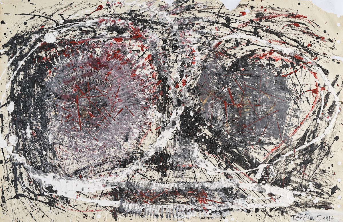 Teresa Tyszkiewicz, Z serii Gęby (1), 1987, szpilki, farba przemysłowa, akryl, olej na papierze, 64 × 98 cm, fot. Archiwum Fundacji Profile