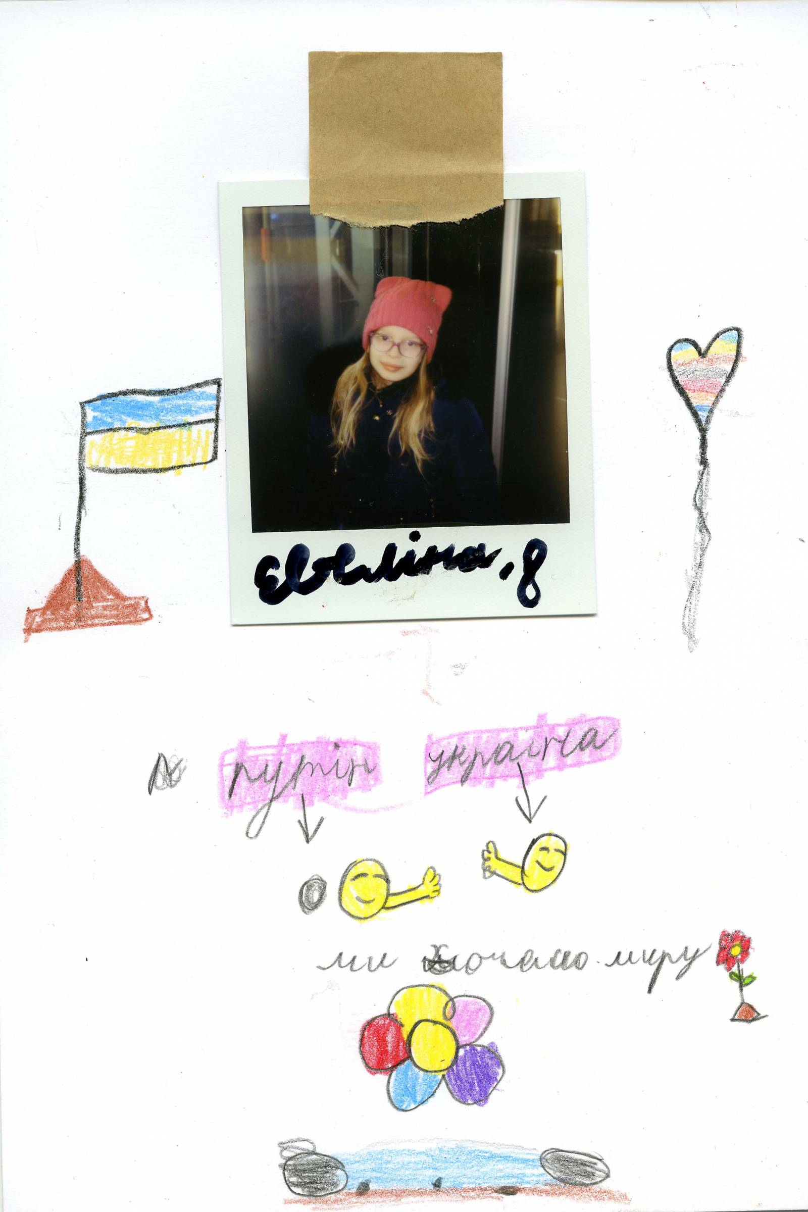 Евеліна, 8 ,,Chcę pokoju. (Uśmiechnięte twarze podpisane są jako Putin i Ukraina).”