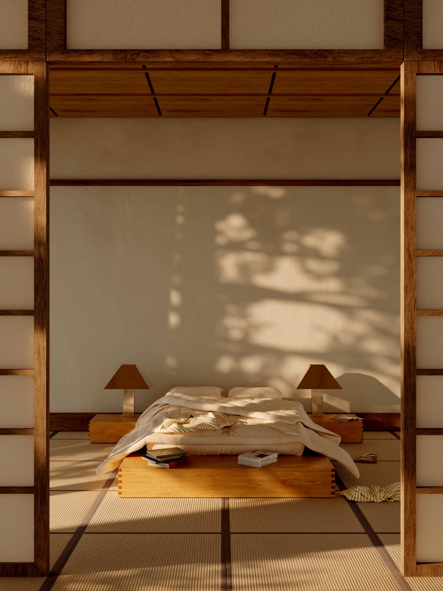 Sypialnia w tokijskim Ryokan House, współpraca z Sarah Castay.