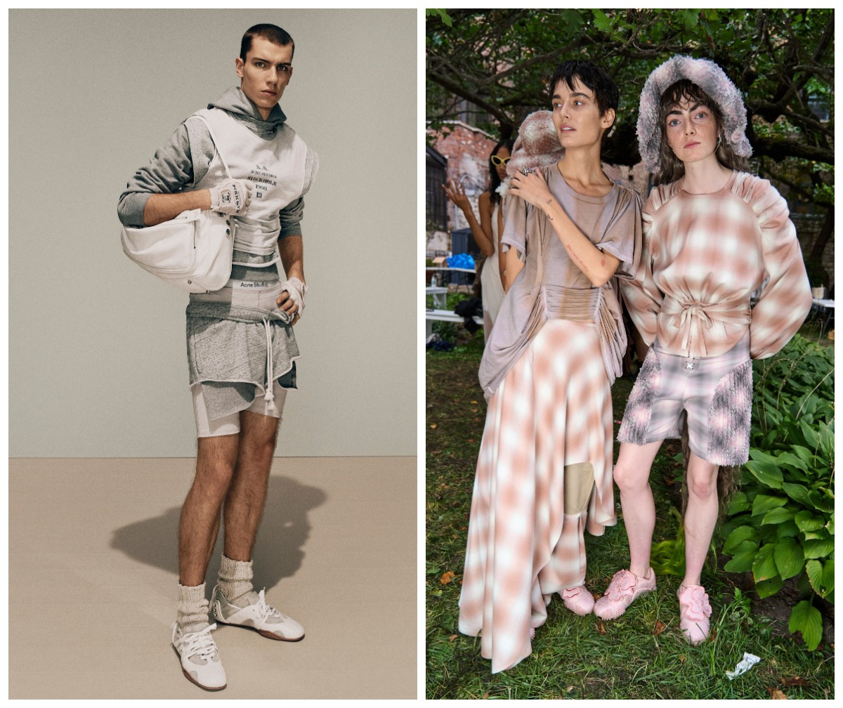Modele w satynowych sneakersach, prezentują różne stylizacje w modzie ulicznej, w odcieniach szarości i beżu.