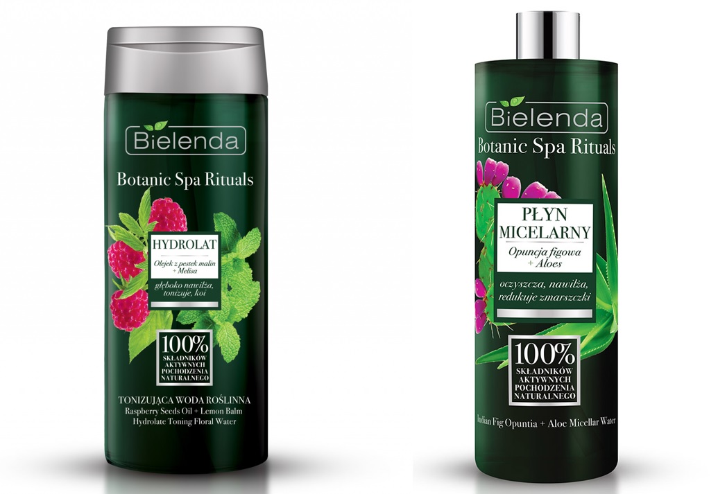 Po lewej: hydrolat – tonizująca woda roślinna Olejek z pestek Malin + Melisa, Bielenda Botanic Spa Rituals, pojemność: 200 ml, cena: ok. 19 zł; po prawej: płyn micelarny Opuncja Figowa + Aloes, Bielenda Botanic Spa Rituals, pojemność: 500 ml, cena: ok. 20 zł