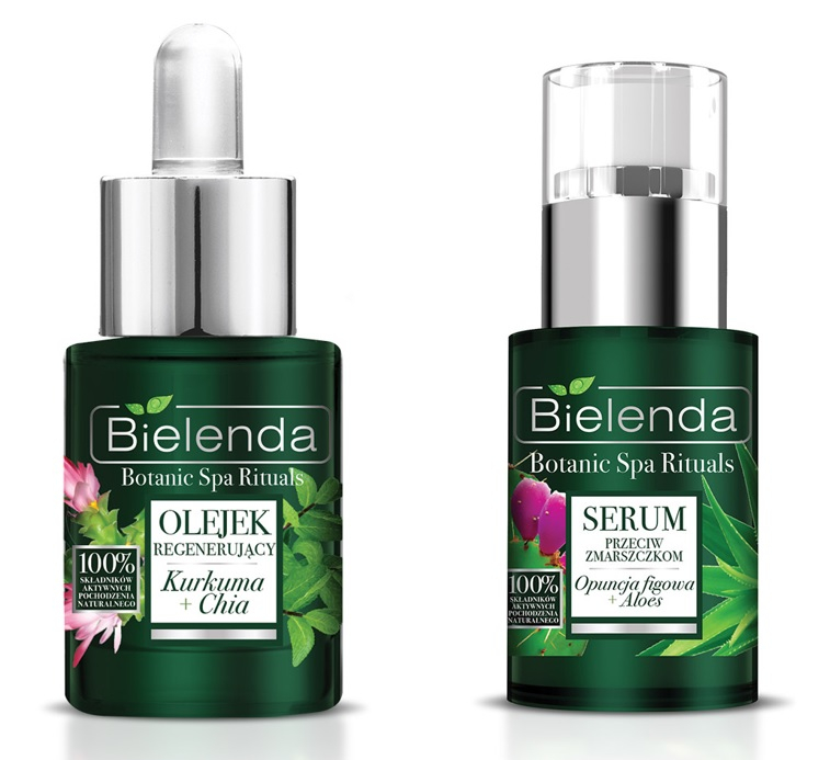 Po lewej: olejek regenerujący do twarzy i dekoltu Kurkuma+Chia, Bielenda Botanic Spa Rituals, pojemność: 140 ml, cena: ok. 29 zł; po prawej: serum przeciw zmarszczkom Opuncja Figowa+Aloes, Bielenda Botanic Spa Rituals, pojemność: 15 ml, cena: ok. 30 zł