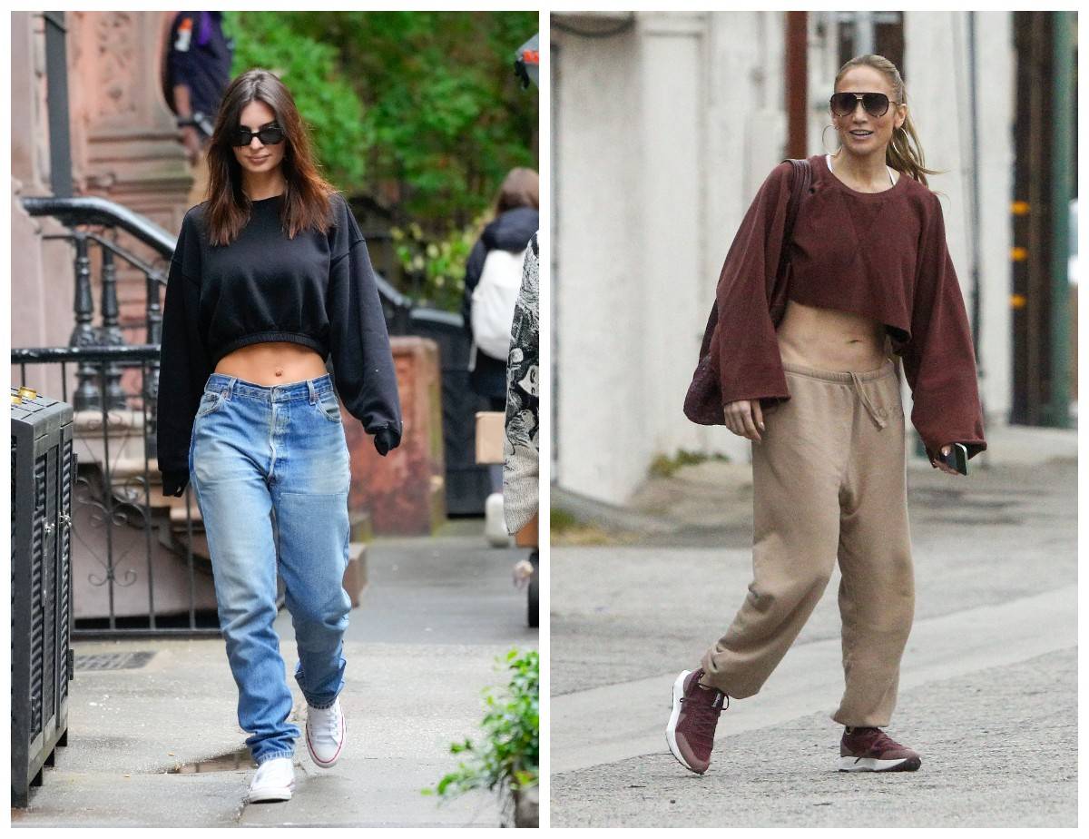 Emily Ratajkowski i Jennifer Lopez przywracają trend na krótkie bluzy sportowe / (Fot. Getty Images)