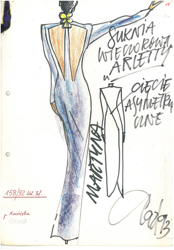 Szkic sukni wieczorowej Arletty, kolekcja informacyjna jesień zima 1992/93 (Fot. Archiwum Jerzego Antkowiaka w zbiorach Centralnego Muzeum Włókiennictwa w Łodzi)