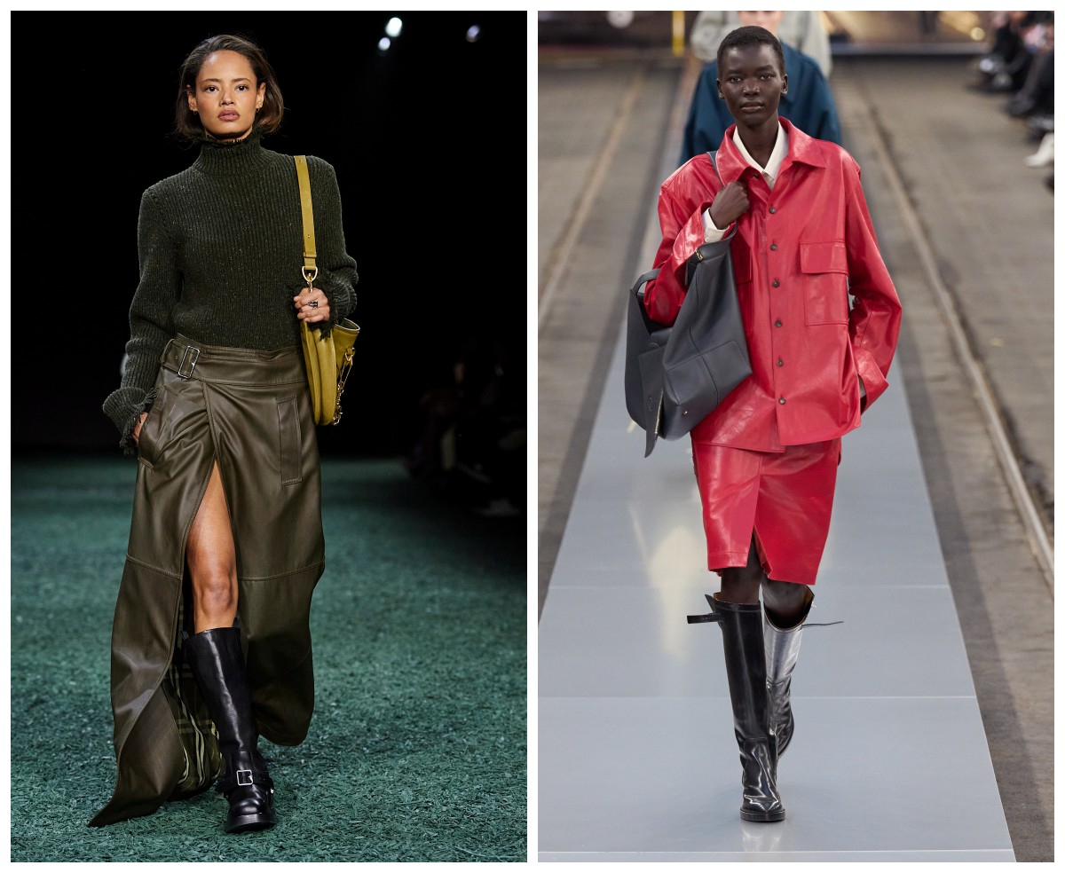 Skórzane spódnice i biker boots w kolekcji Burberry i Tods / (Fot. Spotlight. Launchmetrics )