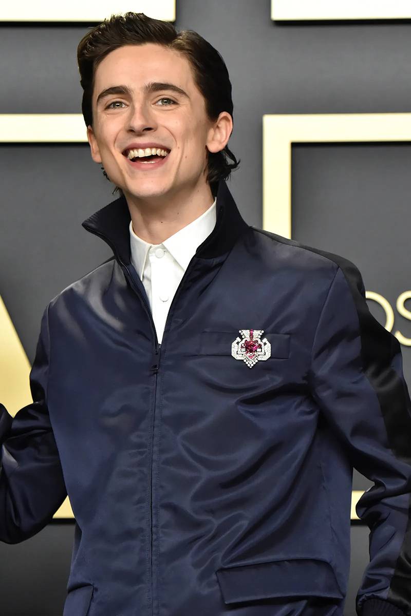 Timothée Chalamet na rozdaniu Oscarów w 2020 roku z broszką Cartiera (Fot. Jeff Kravitz / Getty Images)