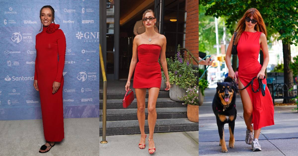 Iga Świątek, Hailey Bieber i Emily Ratajkowski w czerwonych sukienkach / (Fot. Getty Images)