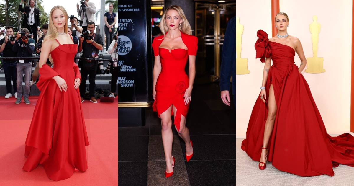 Jennifer Lawrence, Sydney Sweeney i Cara Delevingne w czerwonych kreacjach na czerwonych dywanach / (Fot. Getty Images)