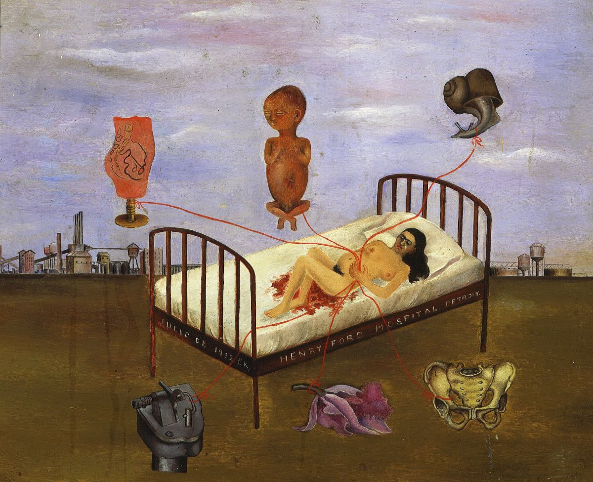 Frida poroniła ciążę w szpitalu Henry Forda w Detroit. Na tym obrazie Kahlo namalowała siebie leżącą na plecach na szpitalnym łóżku wkrótce po poronieniu. / Fot. Gianni Dagli Orti, EAST NEWS