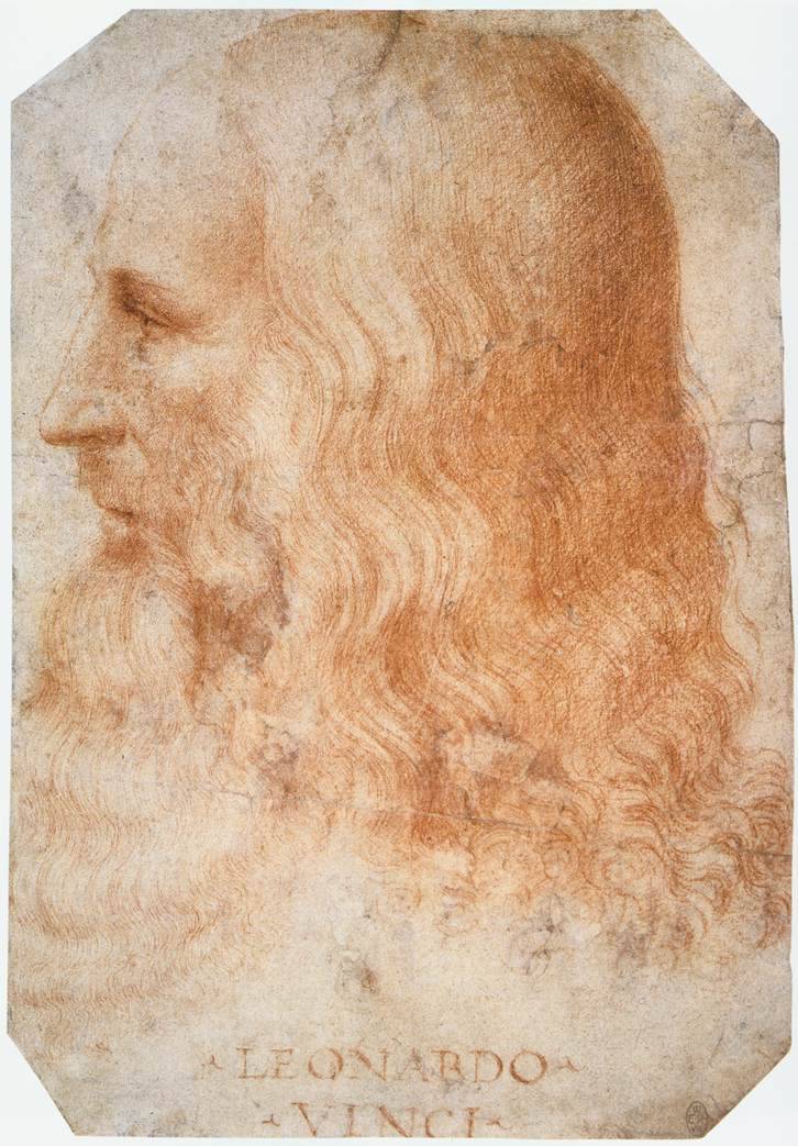Biografowie Leonarda podkreślili nie tylko zdolności, lecz również jego urodę i wdzięk. Nie zachował się jednak żaden jego wizerunek z młodości. Domniemany autoportret i rysunek przedstawiający mistrza, przypisywany Francesco Melziemu powstały, gdy Leonardo był już dojrzałym mężczyzną. 
Franceco Melzi (?), Portret Leonarda da Vinci, rysunek, 1515–1518, Royal Collection, Windsor (Fot. Wikipedia)