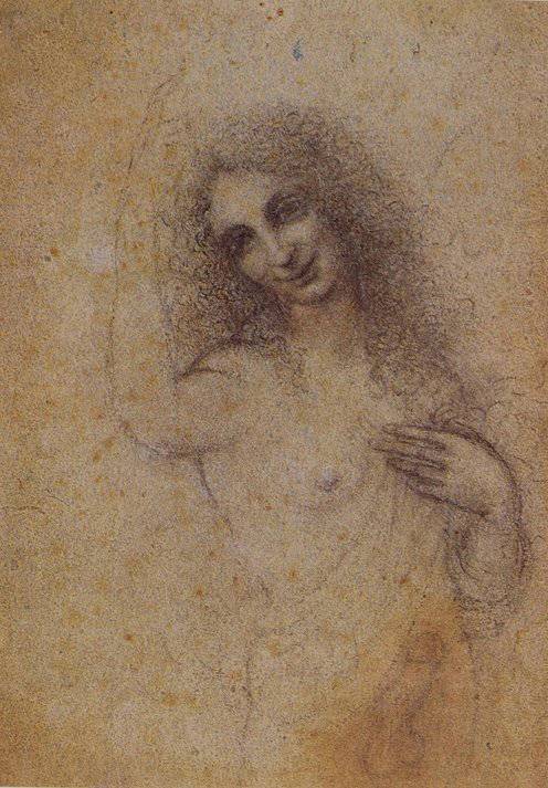 Giorgio Vasari zapisał, że Leonardo zachwycał się Salaìm, młodzieńcem pełnym wdzięku, o delikatnych, kręconych włosach. Być może chłopak pozował do postaci św. Jana Chrzciciela o androgynicznej urodzie i licznych rysunków, w tym żartobliwych i frywolnych.
Leonardo da Vinci (?), Angelo Incarnato, rysunek, ok. 1513–1515, Louvre, Paryż (Fot. Wikipedia)