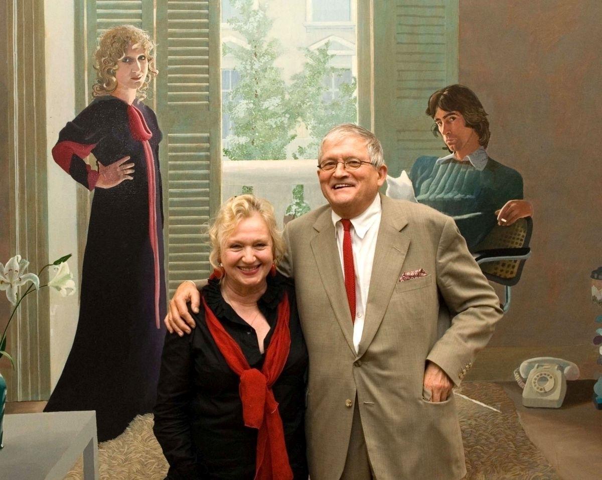 Celia Birtwell i David Hockney na tle obrazu „Mr and Mrs Clark and Percy” (1970-71) w Tate Britain (Fot. Nick Harvey, Getty Images)