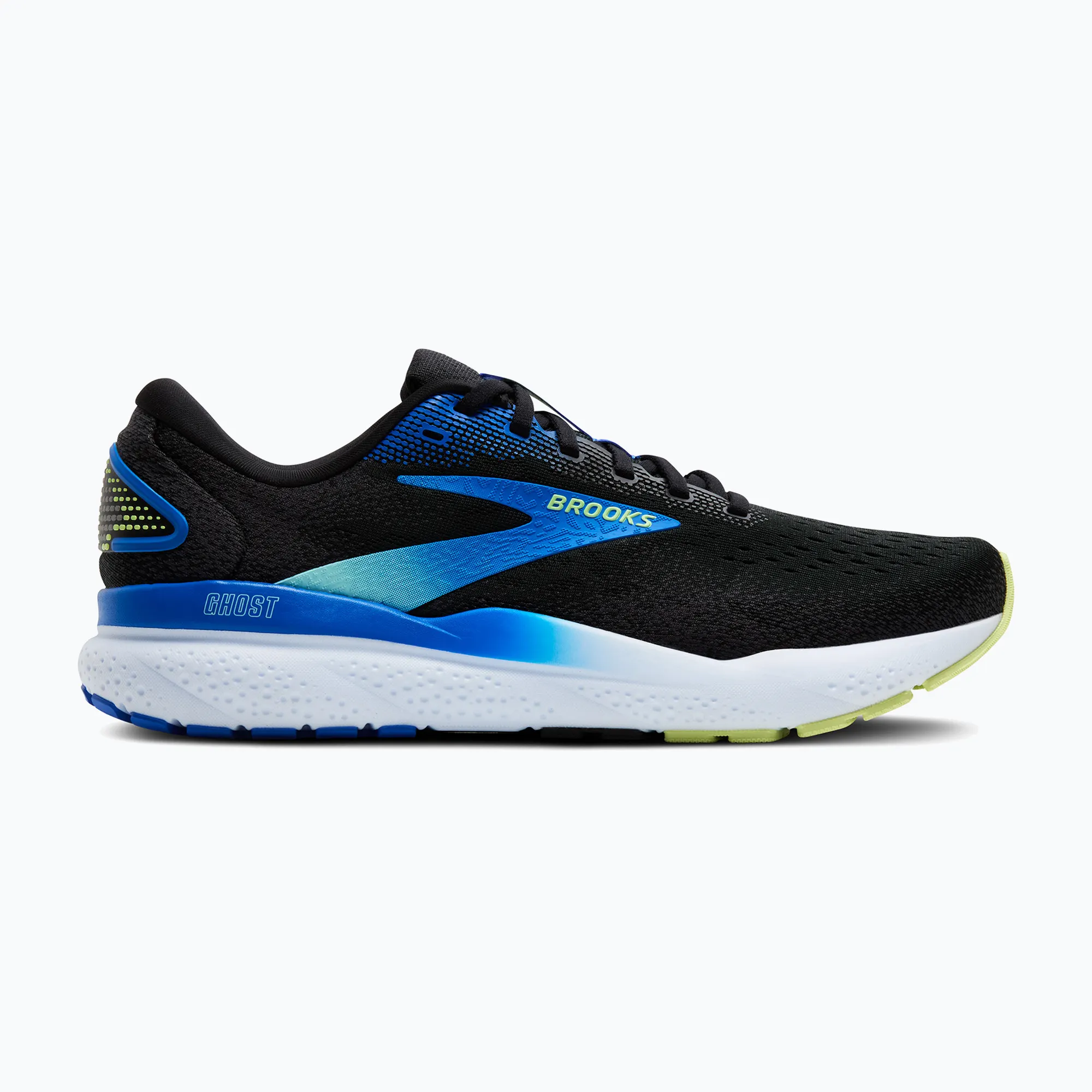 Buty Brooks Ghost 16 w kolorze czarnym z niebieskimi akcentami, idealne do biegania.