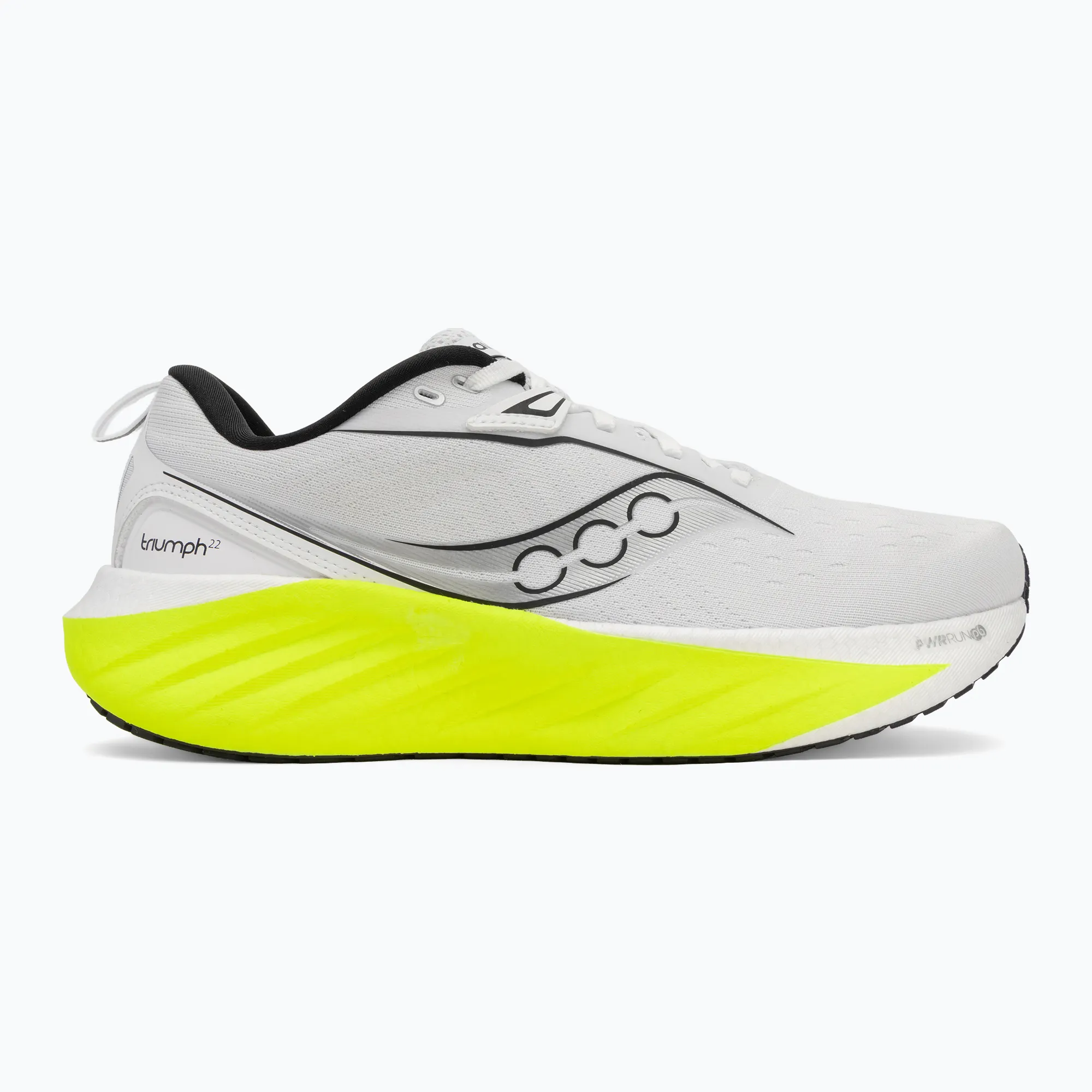 Białe buty biegowe Saucony Triumph 22 z żółtą podeszwą i czarnymi akcentami.