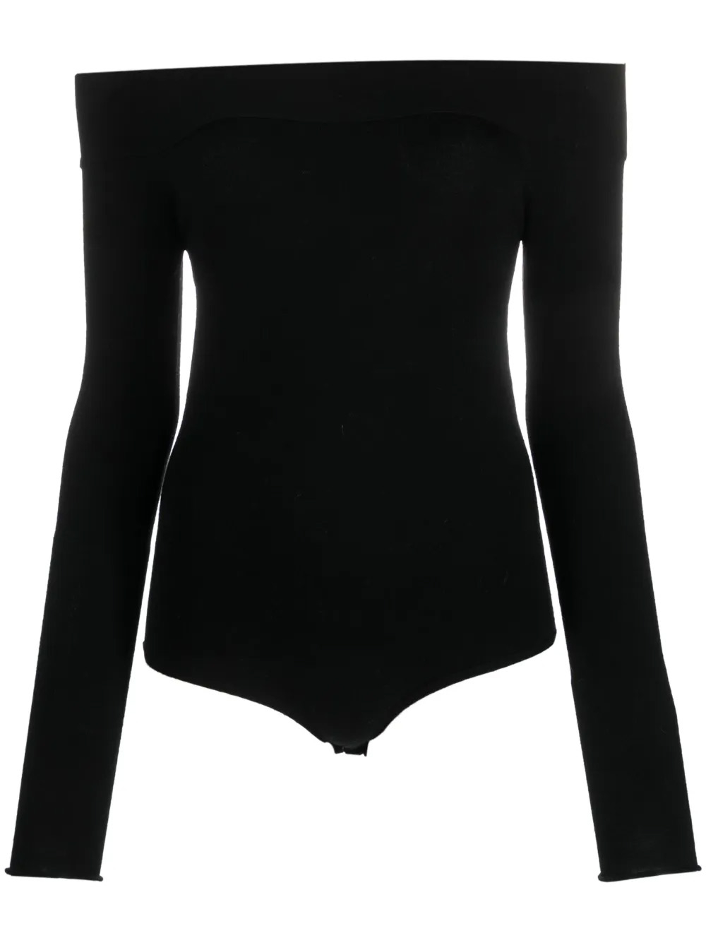 Czarny body z długimi rękawami i dekoltem off-shoulder. Prosty, elegancki krój, idealny na różne okazje.
