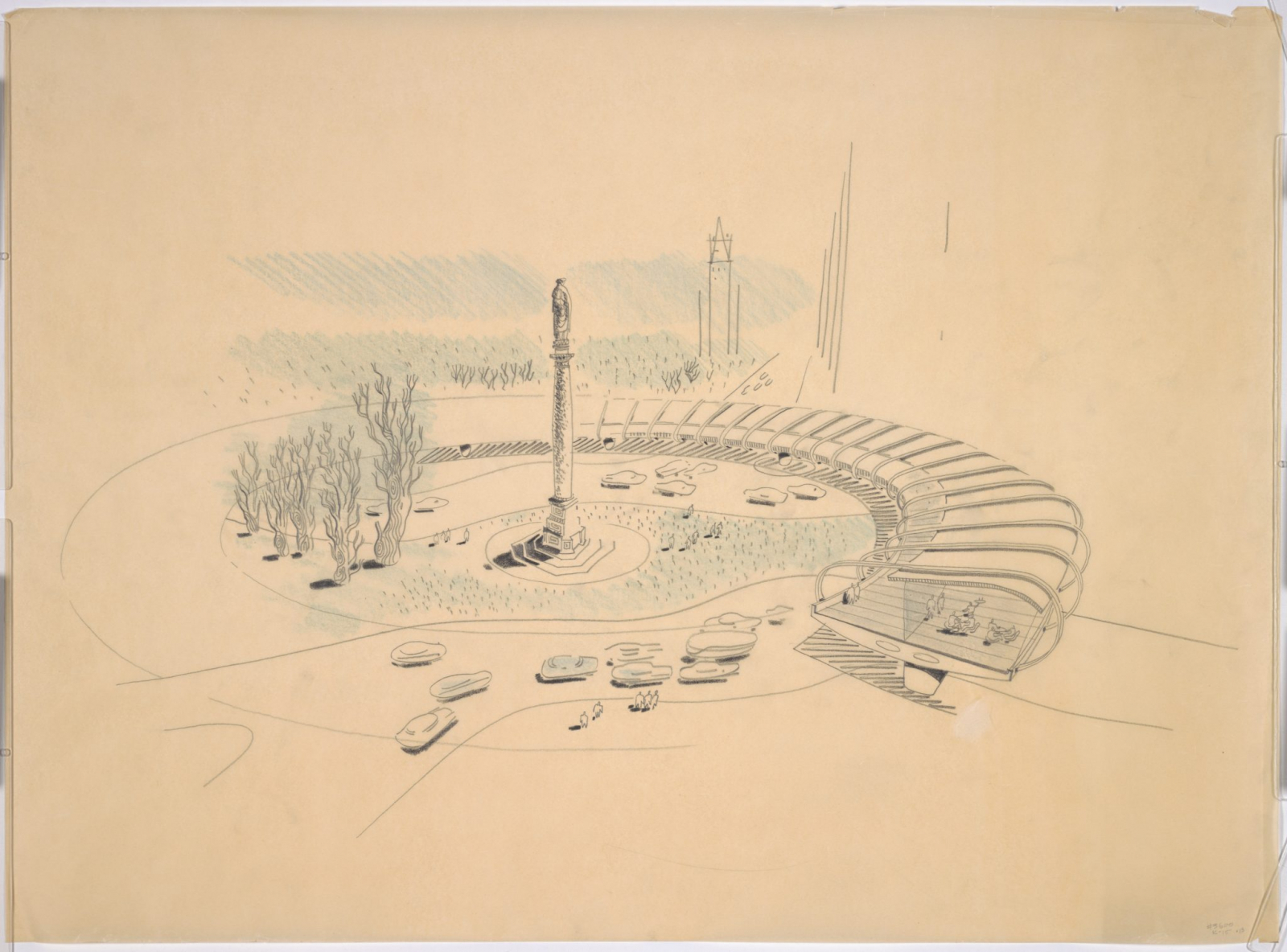 Columbus Circle w Nowym Jorku, projekt autorstwa Matthew Nowickiego i Clarence’a S. Steina, 1948. Choć projekt nie został zrealizowany, jego innowacyjne podejście do przestrzeni miejskiej i urbanistyki stanowiło interesujący punkt w historii planowania miast w XX wieku. Fot. Clarence Stein Papers, #3600. Division of Rare and Manuscript Collections, Cornell University Library