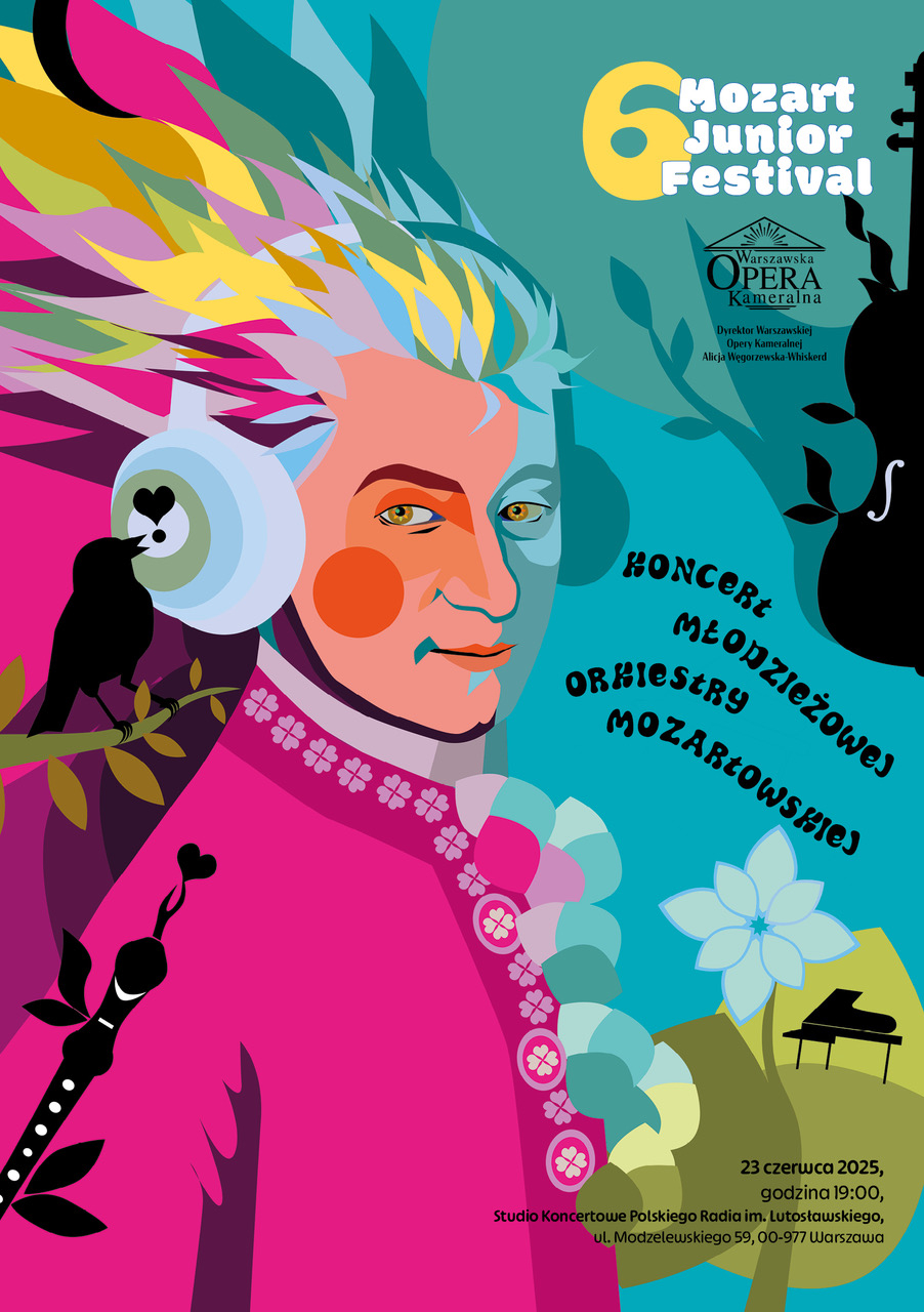 Plakat zapraszający na 6. Festiwal Mozart Junior. Kolorowa grafika z portretem Mozarta oraz informacjami o koncercie.