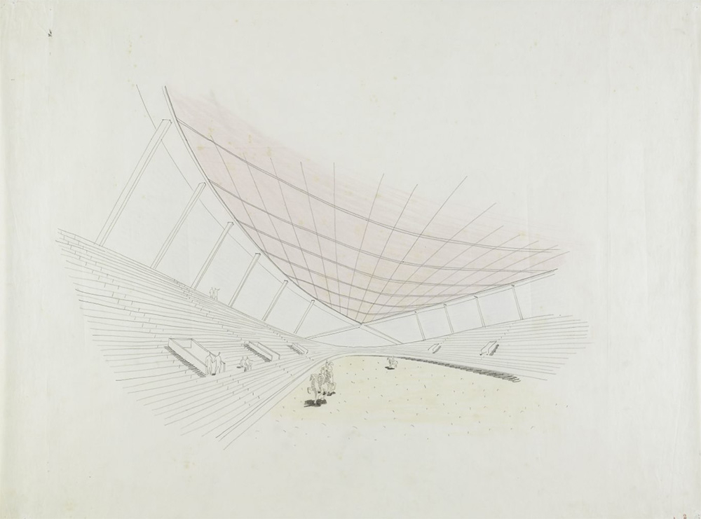Szkic perspektywiczny wnętrza Dorton Arena w Raleigh, autorstwa Macieja Nowickiego, 1950 Fot. © Centre Pompidou, MNAM-CCI