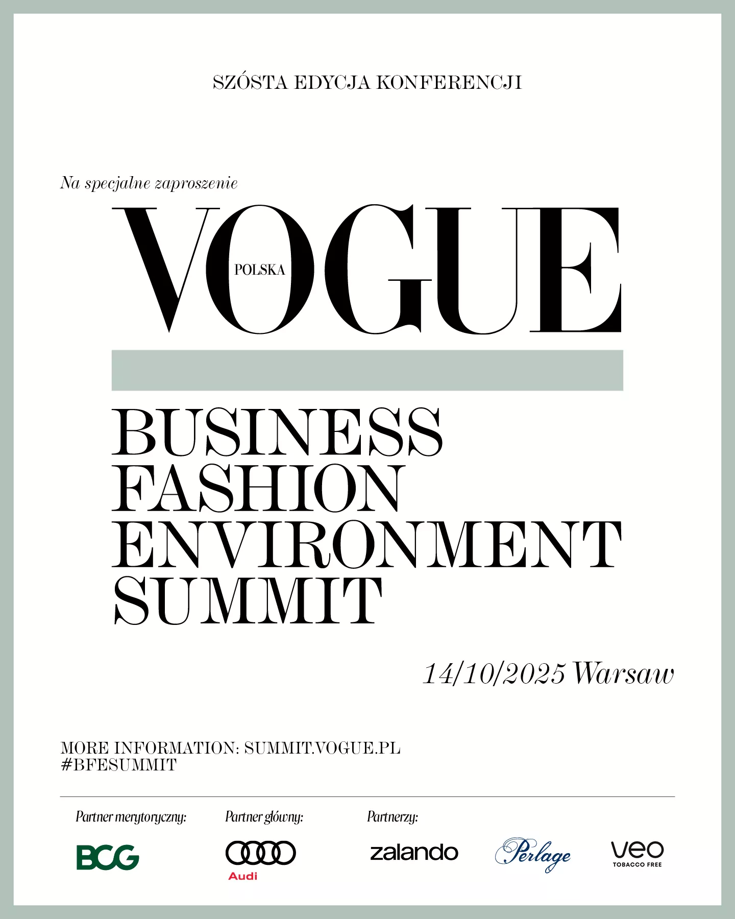 Plakat wydarzenia Business fashion Summit, organizatorem wydarzenia jest Vogue Polska.