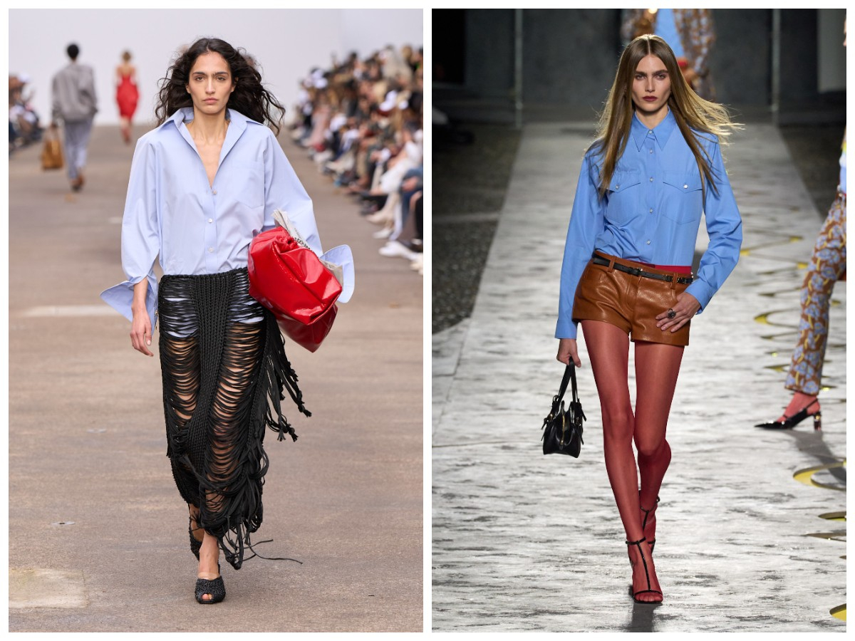 Modelki w niebieskich koszulach damskich na wybiegu Stelli McCartney i Versace na wiosnę-lato 2025.