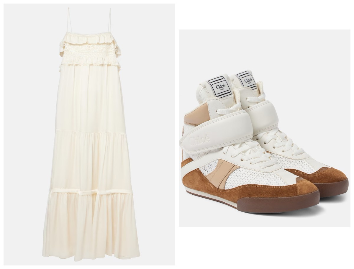 Biała sukienka boho Chloe 2590 euro i sneakersy Chloe 690 euro (Fot. Materiały prasowe)