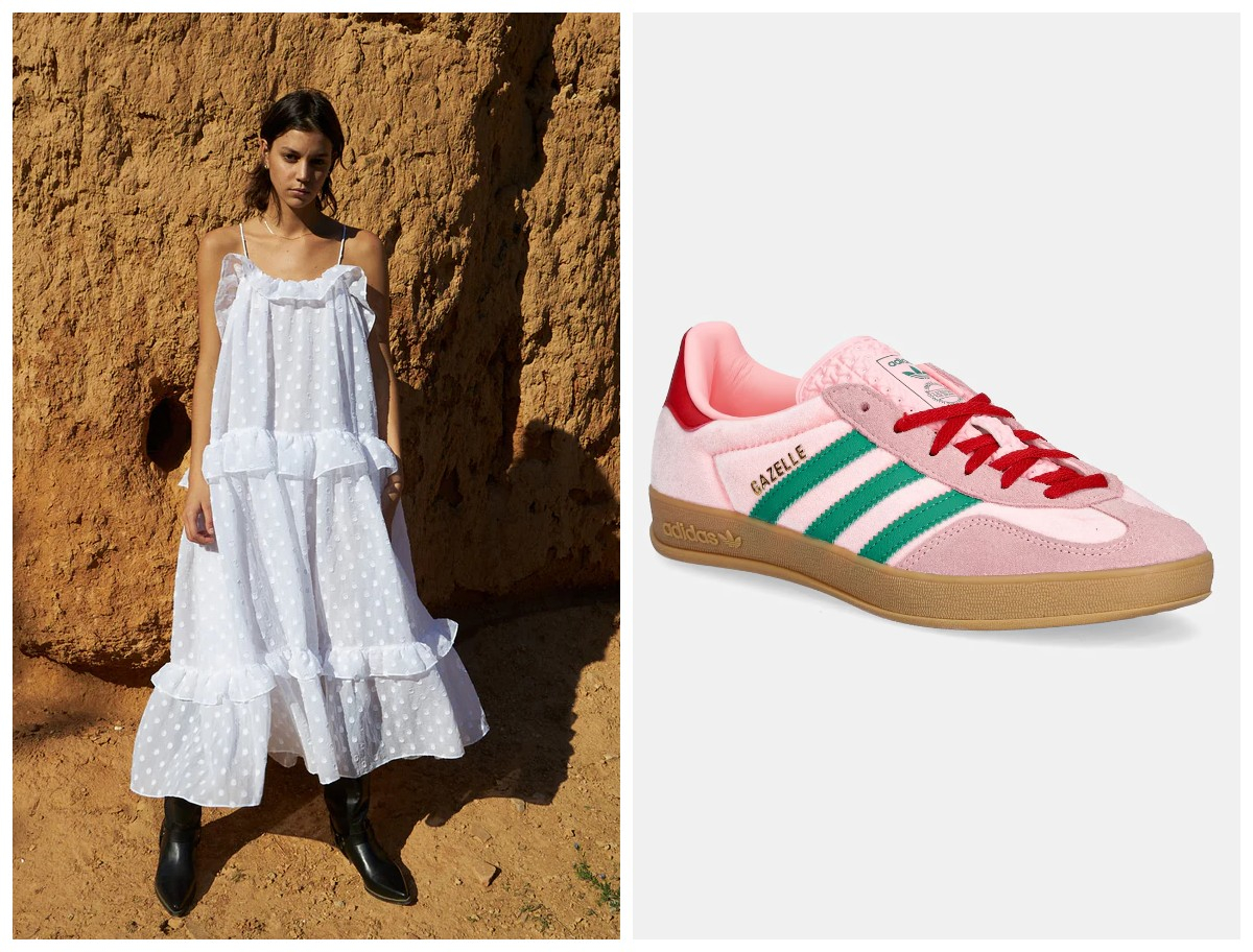 Biała sukienka w groszki Stella Nova ok. 596 zł i sneakersy adidas Originals Gazelle 409,99 zł (Fot. Materiały prasowe)
