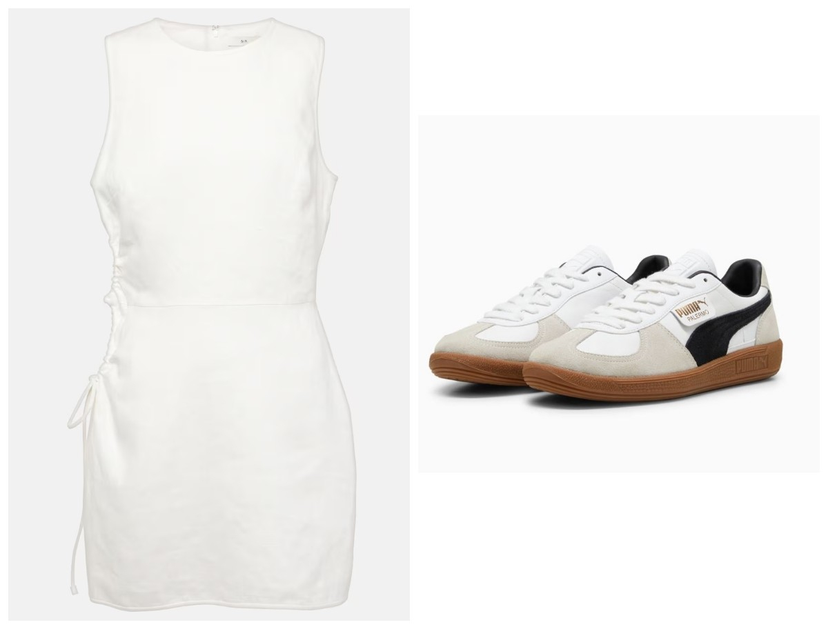 Biała sukienka mini SIR ok. 1660 zł i sneakersy Puma Palermo 374 zł (Fot. Materiały prasowe)