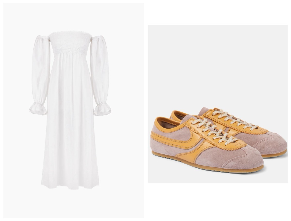 Biała sukienka z odsłoniętymi ramionami Sleeper ok. 1362 zł i sneakersy Dries Van Notten ok. 1639 zł (Fot. Materiały prasowe)