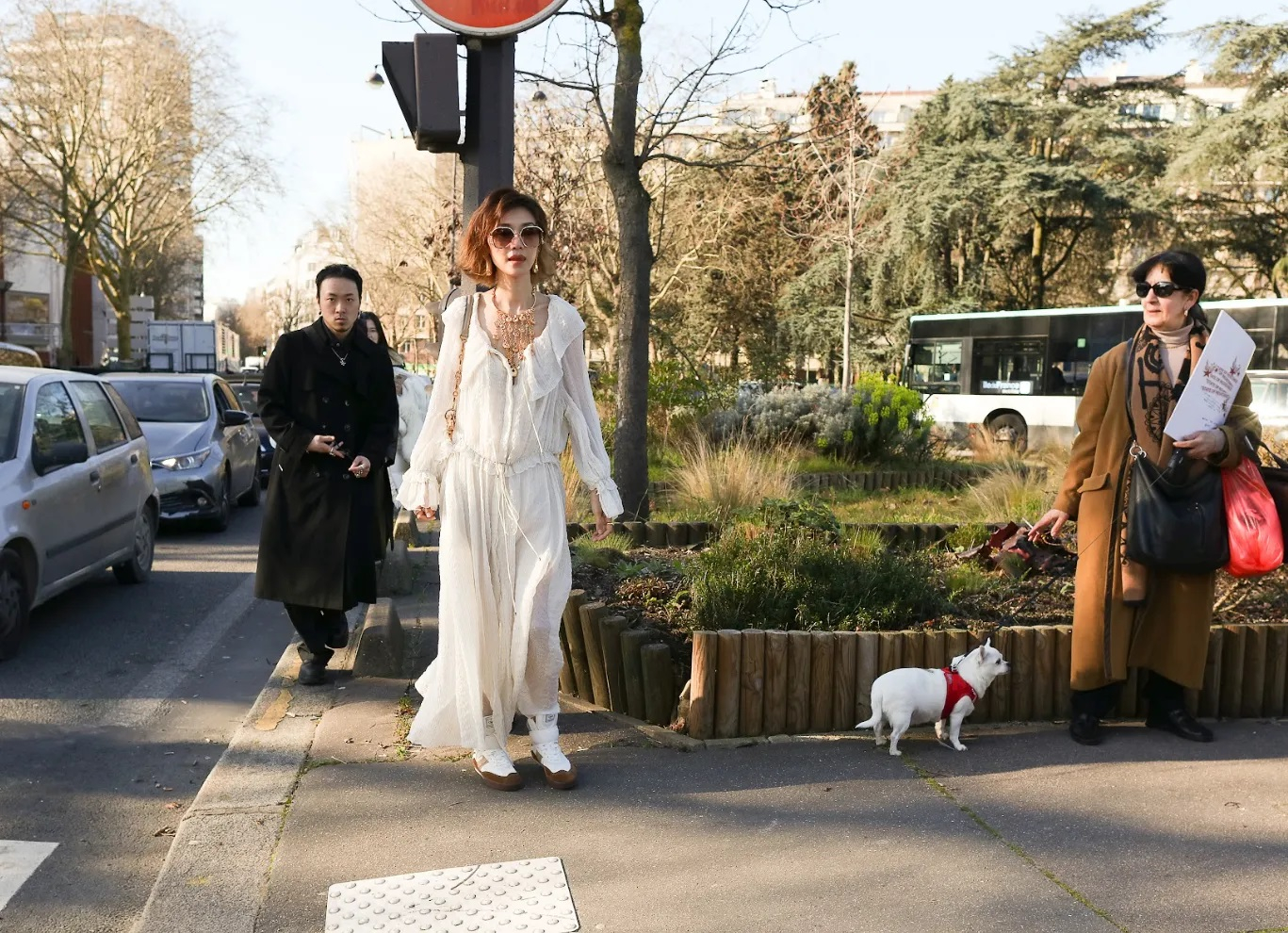Kobieta w spódnicy boho przechodzi przez ulicę, obok niej przechodzą inne osoby oraz pies. W tle zieleń i ruch uliczny.