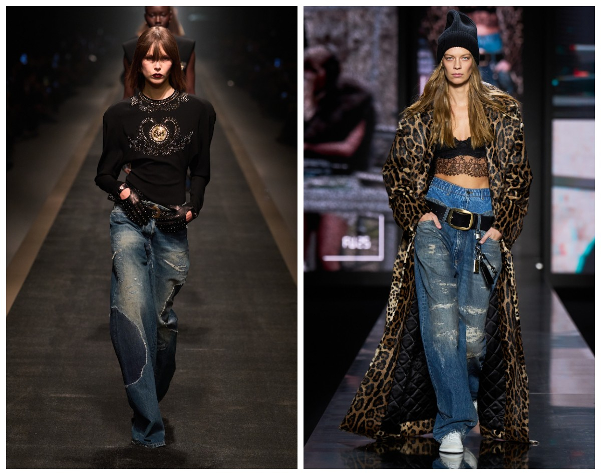 Modelki w jeansach z dziurami od Versace i Dolce&Gabbana, prezentujące różne stylizacje na wybiegu.