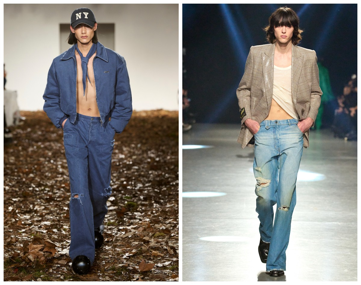 Model w niebieskiej kurtce i jeansach z dziurami, obok inny model w beżowej marynarce i jasnych jeansach z dziurami.