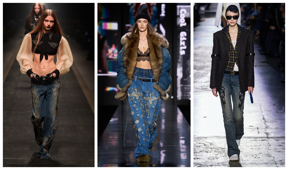 Jeansy ze zdobieniami Versace, Dolce&Gabbana, Coperni / (Fot. Spotlight. Launchmetrics )