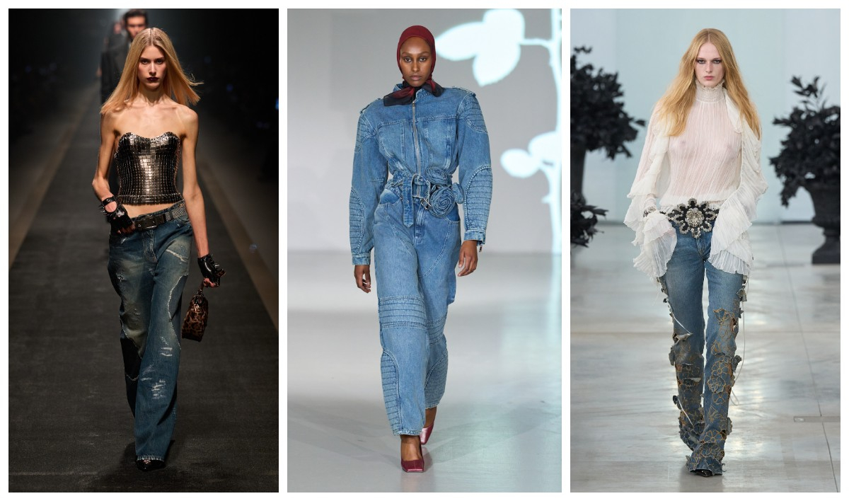 Patchworkowe jeansy Versace, Gestuz i Blumarine / (Fot. Spotlight. Launchmetrics )