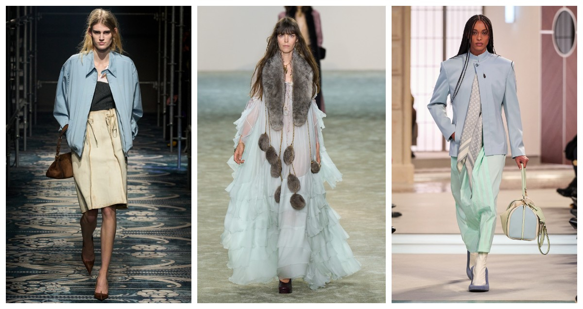 Błękit w kolekcji Prada, Chloe i Louis Vuitton / (Fot. Spotlight. Launchmetrics / Agencja FREE)